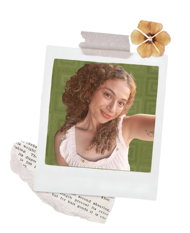 Polaroid-style photo of Sarah Milad smiling, arm reaching toward the camera, against a green patterned background.
